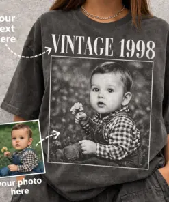 Personalised Vintage Photo and Year Shirt, Custom Picture Birthday Tee, 30th 40th Birthday Gift, Retro 90s Style Birthday Shirt