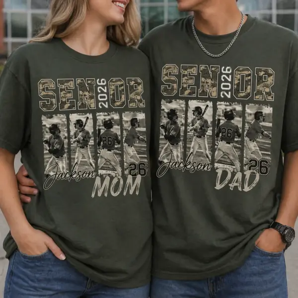 62f9b883-76a9-459f-be3e-30a61316b723 Personalized Senior Mom & Dad 2026 Shirt – Vintage Football Photo Tee